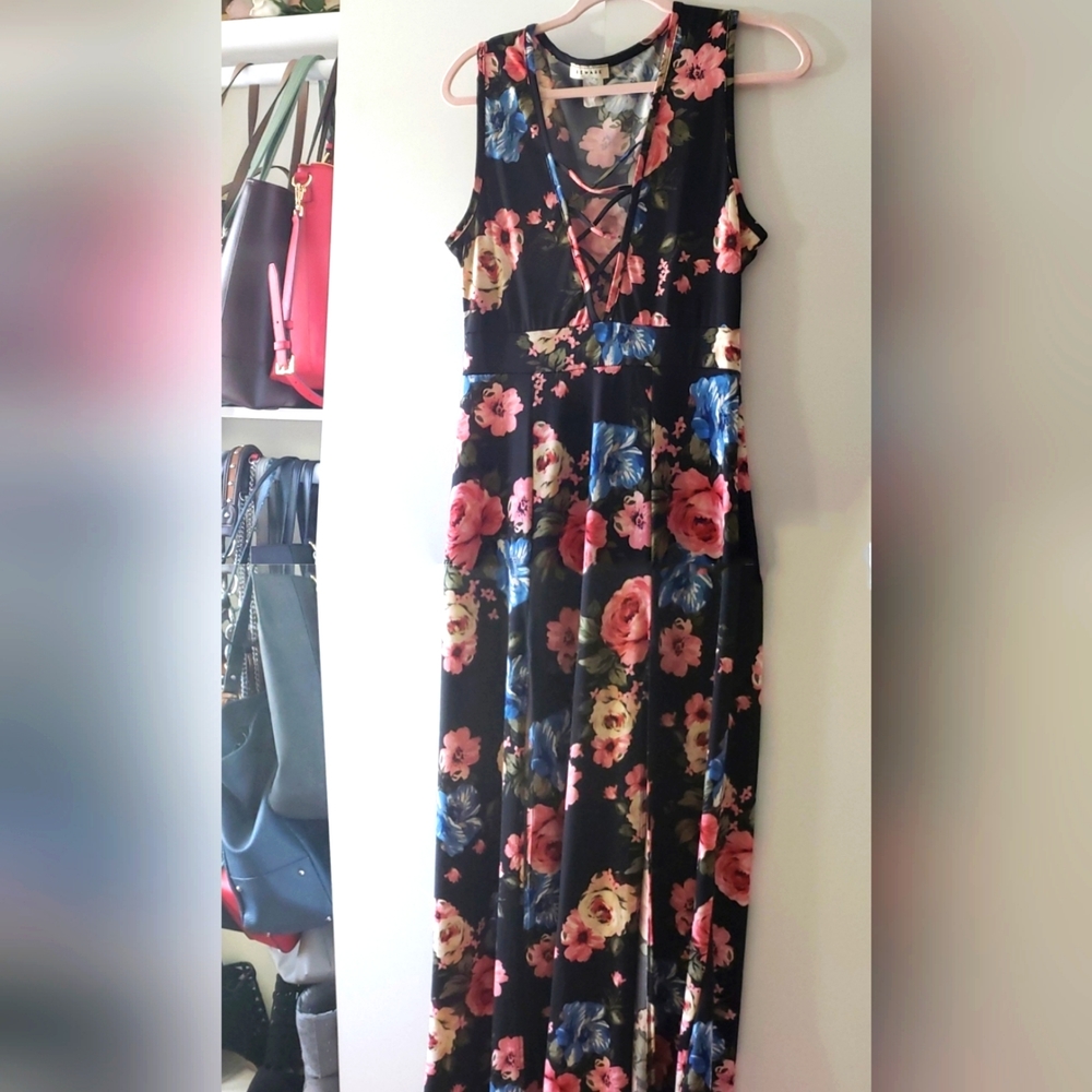 Beware | Black & Pink Floral Sleeveless Maxi Dress | XL
